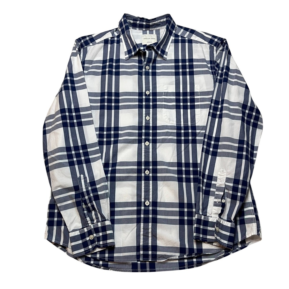 American Eagle Shirt Mens Large Blue White Classic Fit Plaid‎ Button Down Cotton